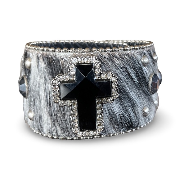 Vintage Jewelry - Hair On Cowhide Salt n Pepper Black Cross & Silver Crystal Studded Cuff Bracelet